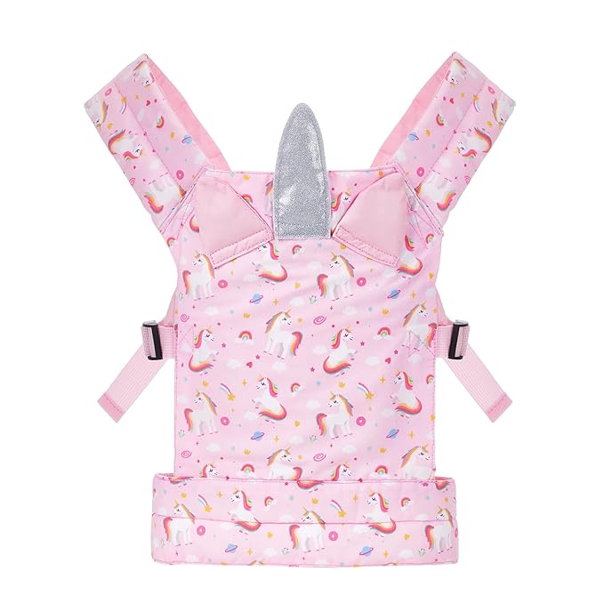 Lictin Baby Doll Carrier, Front and Back Doll Accessories Carrier for Little Girls, with Adjustable Straps for Stuffed Animal Reborn Baby Doll, Pink Unicorn
