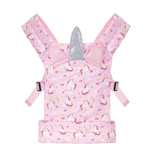 Lictin Baby Doll Carrier, Front and Back Doll Accessories Carrier for Little Girls, with Adjustable Straps for Stuffed Animal Reborn Baby Doll, Pink Unicorn