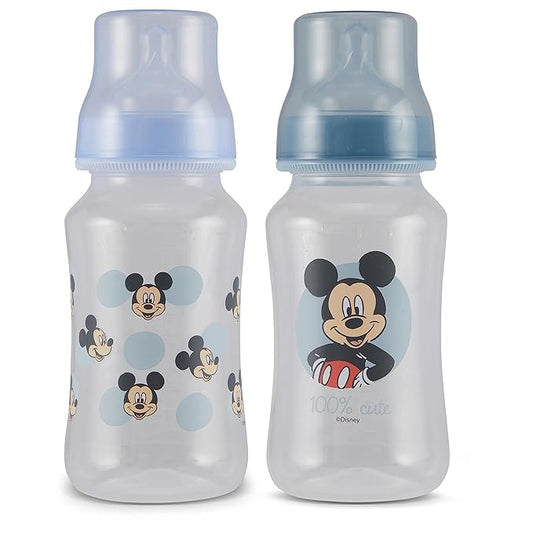 Disney Mickey Mouse Baby Bottles 11 oz for Boys or Girls | 2 Pack of Infant Hourglass Shaped Bottles with Cover for Newborns and All Babies | BPA-Free Plastic Baby Bottle for Baby Shower