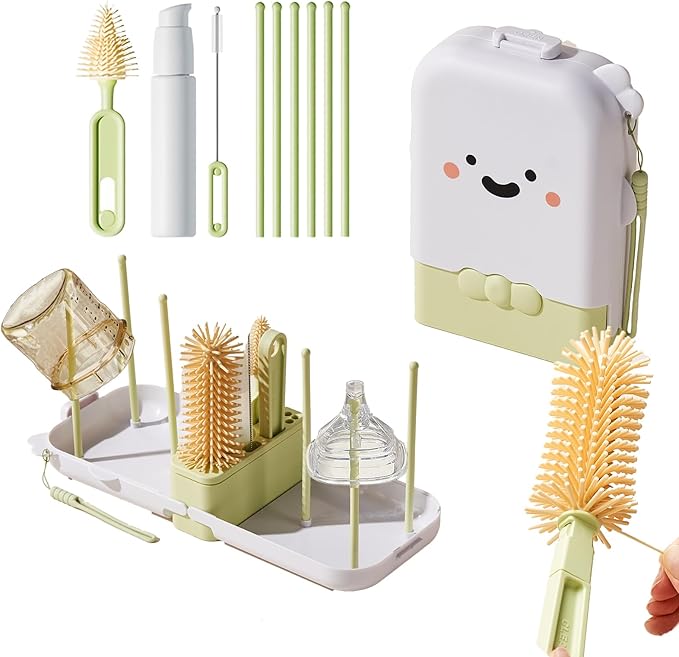 Baby Bottle Brush Set - Baby Bottle Cleaner Kit with Nipple Brush, Silicone Bottle Brush, Straw Cleaner Brush, Soap Dispenser, Bottle Drying Rack - 7 in 1 Bottle Cleaning Tool Set for Home and Travel