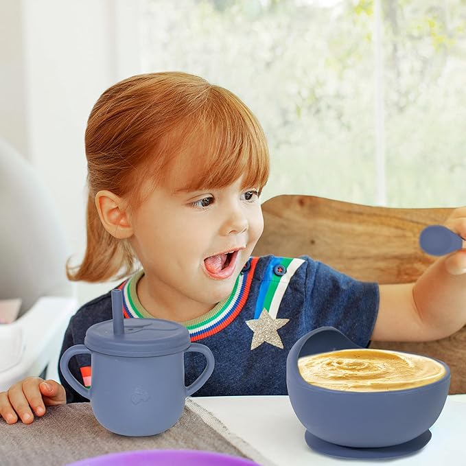 100% Silicone Baby Feeding Set, BPA Free Baby Dishes with Suction Bowl, Divided Plate, Toddler Self Feeding Dish Set with Spoons, Forks, Sippy Cup and Bib, Baby Eating Utensils (Navy Blue)