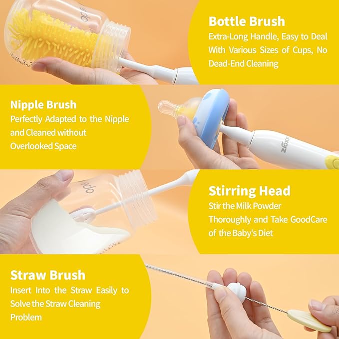 Electric Bottle Brush Cleaner, Portable Electric Baby Bottle Brush Cleaner for Travel, Rechargable Travel Bottle Cleaner Kit with Nipple & Straw Brush, Perfect Mom Essentials After Birth Gift, Yellow