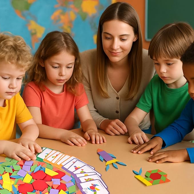 LovesTown 209 PCS Shapes Wooden Pattern Blocks for Kids,Geometric with Activity Cards and Storage Bag, Educational Tangram Puzzles,Great Learning Gift from Parents or Teachers