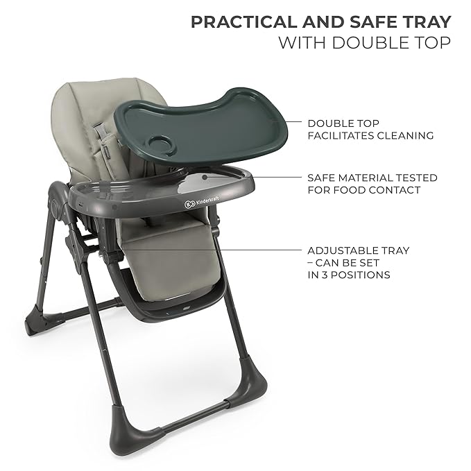 Kinderkraft Tummie, 2-in-1 high Chair, Baby Chair, Ergonomic, Comfortable, Reclining, Foldable, with Ajustable Height, Footrest, Detachable Tray, for Toddler, with Toys, Gray