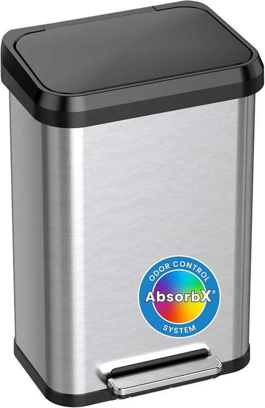 iTouchless SoftStep EXP 13.2 Gallon Step Pedal Trash Can Recycling Bin with Odor Filter Stainless Dent-Proof Plastic Lid Garbage Trashcan 50 Liter Home Office Bedroom Living Room Garage Wastebasket