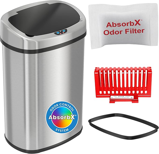 iTouchless 50 Liter / 13 Gallon Stainless Steel Kitchen Trash Can with Sensor 2.0 Tech Touchless Lid and AbsorbX Odor Filter, Oval Slim Space-Saving Automatic Garbage Bin for Home, Office, Business