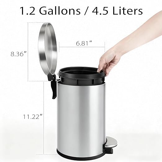 TIPGO Small Trash Can with Lid Soft Close, 4.5 Liters / 1.2 Gallon Bathroom Garbage Can, Mini Step Trash Bin, Stainless Steel Wastebasket for Bathroom, Bedroom, Office (Silver)