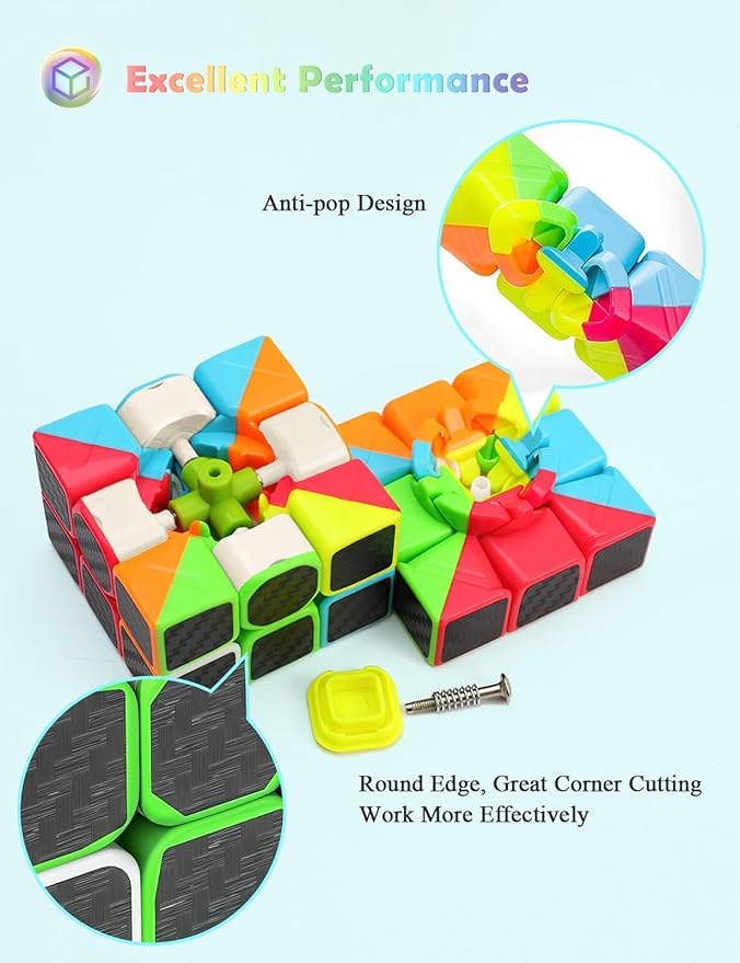 Roxenda Speed Cube Set, Speed Cube Bundle of 2x2x2 and 3x3x3 Cube Smoothly Magic Cube Collection for Kids Teens & Adults [2 Pack] (Carbon Fiber)