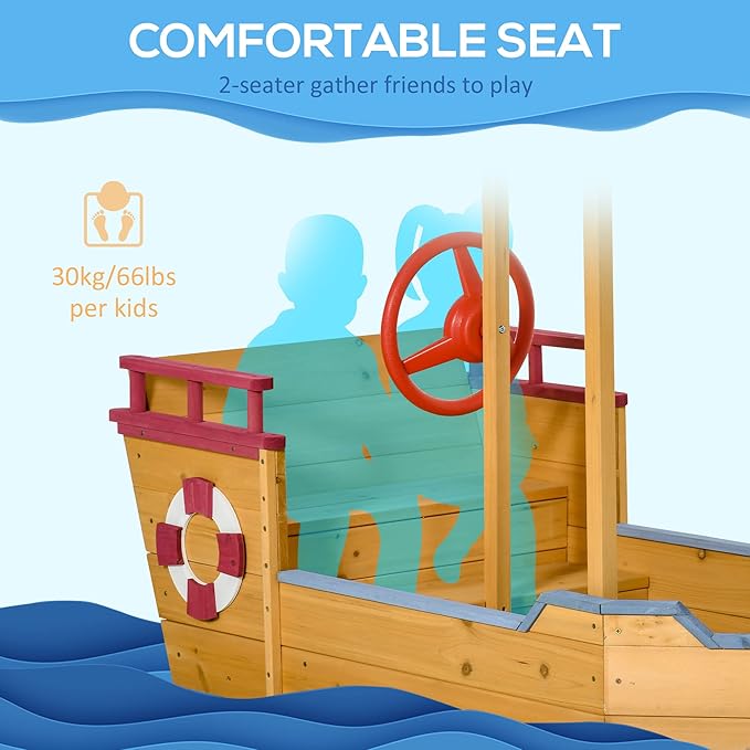 Outsunny Pirate Ship Sandbox with Cover and Rudder, Wooden Sandbox with Storage Bench and Seat, Outdoor Toy for Kids Ages 3-8 Years Old