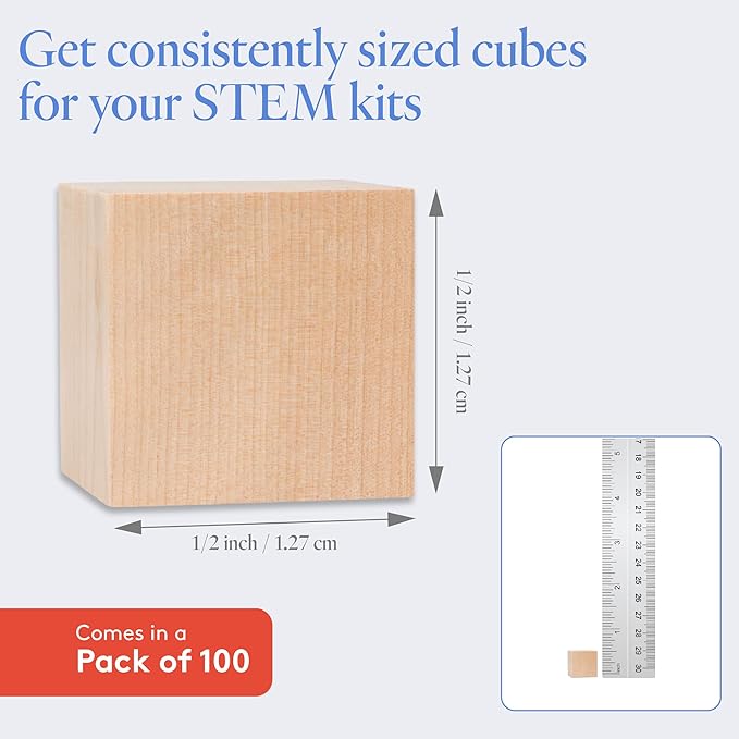Woodpeckers DIY Wooden Cubes 1/2-inch, Pack of 100 Small Blank Blocks, Unfinished Wood for Crafts, STEM, Dice, and Building Blocks for Stacking