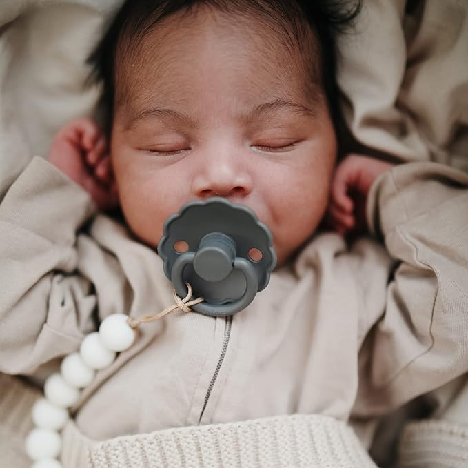 FRIGG Daisy Natural Rubber Baby Pacifier | Made in Denmark | BPA-Free (Graphite/Peach Bronze, 0-6 Months) 2-Pack