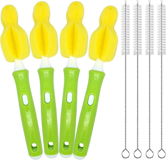 INVODA Nipple Brush 4PCS Sponge Bottle Brushes with 4 PCS Straw Brush Baby Bottle Nipple Cleaner Brush Long Handle Detachable Nipple Brushes (Yellow)