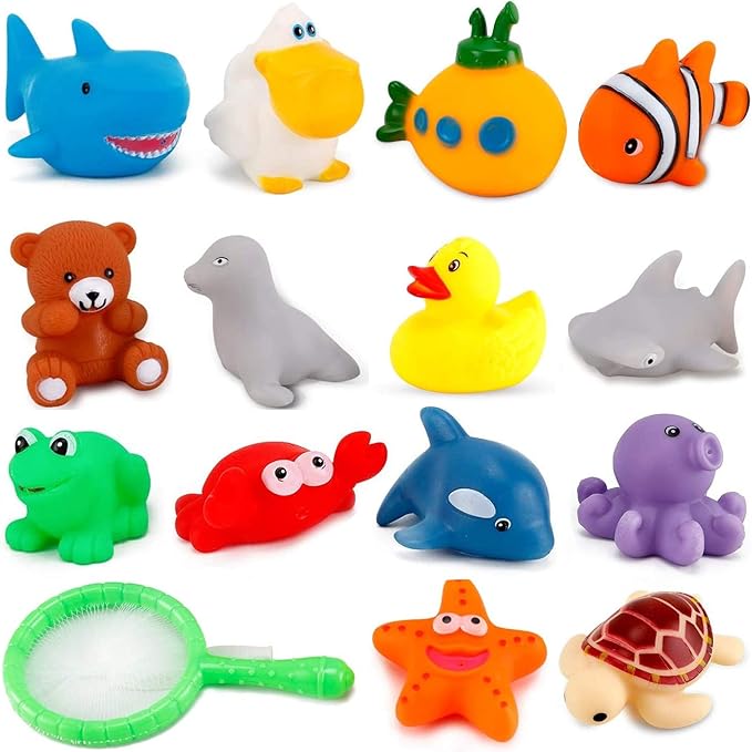 15 PCS Ocean Animals Rubber Bath Toy Water Squirters with Floating Bathtub Squeeze and Play Soft Sea Creatures anf Fishing Net for Baby, Toddlers and Kids