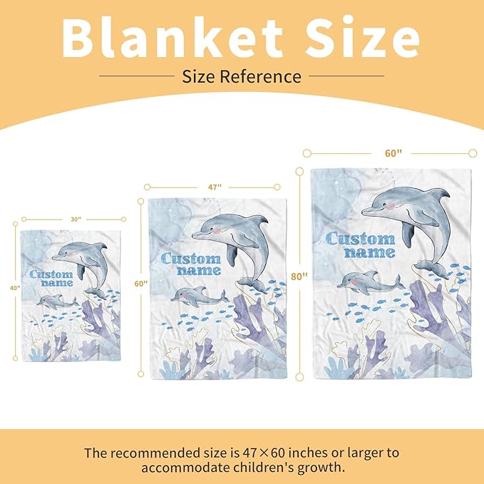 Custom Baby Blanket for Boys & Girls, Personalized Baby Blanket with Name, Soft & Cozy Dolphin Flannel Bed Blankets for Newborn Toddler, Customized Gifts for Shower Birthday Easter(60"x80")
