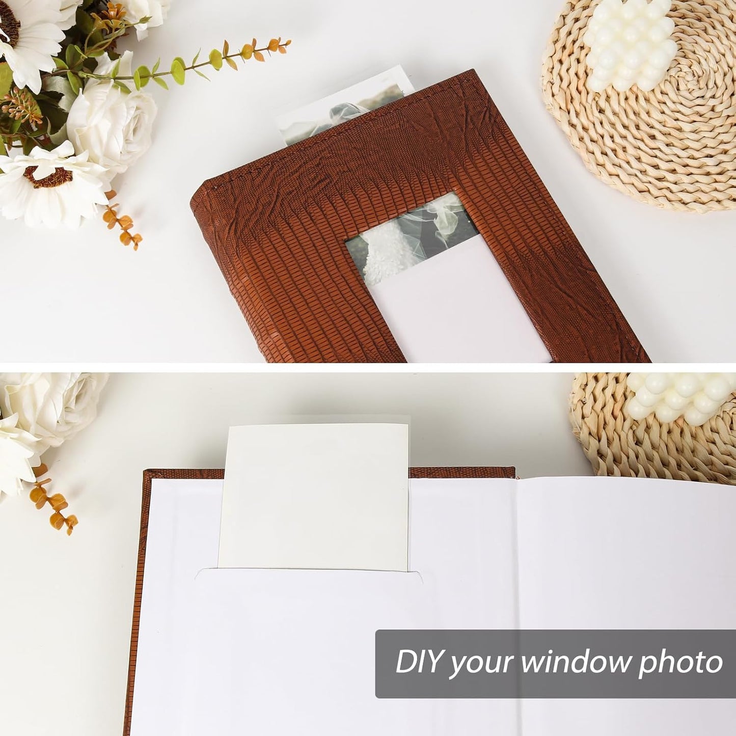 RECUTMS Photo Album with Writing Space 50 Sheets Hold 300 4x6 Photos,Leather Cover with Front Window Slip-in Picture Album for Wedding Family Baby Vacation (Brown)