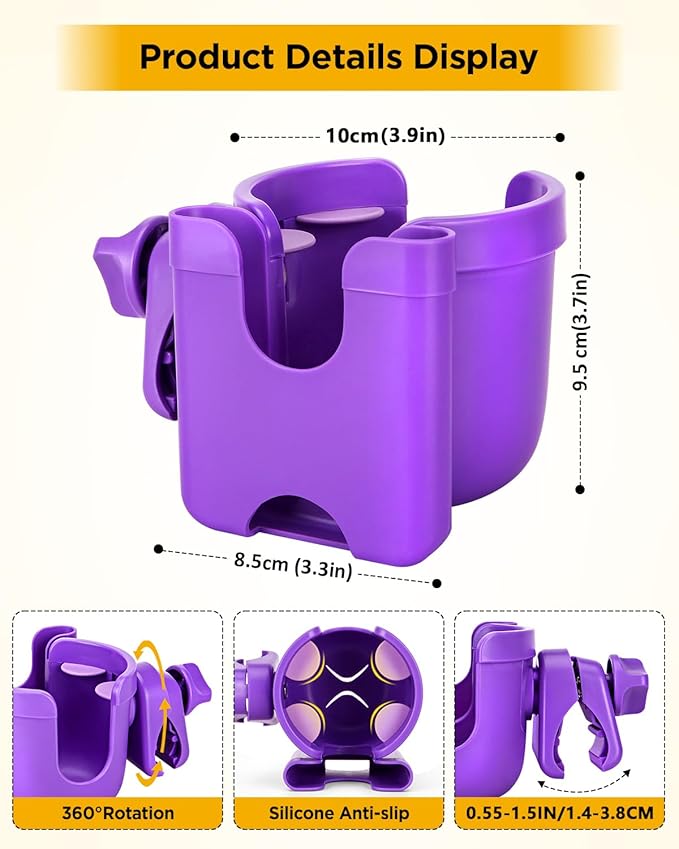 Universal Stroller Cup Holder with Mobile Phone Case, 2-in-1 Strollers Storage Rack, 360 Degrees Rotation Drink Holder for Bike, Pushchair, Wheelchair, Walker,Bicycle, Fits Most Cups (Purple)