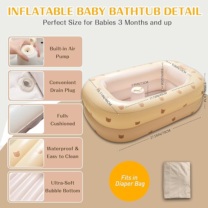 Inflatable Baby Bathtub Built-in Air Pump, Portable Travel Baby Bath Tub, Blow up Toddler Pool Seats for Babies Sitting up, Foldable Bathing Infant Shower Basin for Newborn 3 Months and up (Bear)