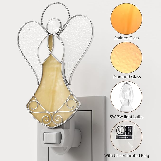 Night Lights Plug into Wall,Stained Glass Yellow Angel Plug in Night Light for Wall Socket Decorative Nightlight for Bedroom Hallway Kitchen Home for Mom Mother`s Day Birthday Christmas Gifts