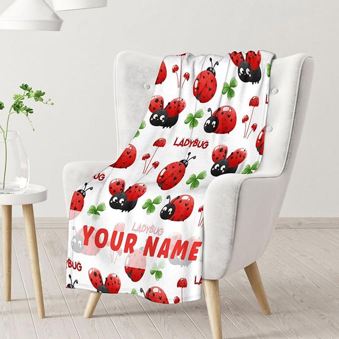 Custom Ladybug Gifts with Name - Kids Blanket for Ladybug Lovers - 30 x 40 Inches Lap Size White Cute Flannel Throw Blanket Stuff for Crib, Nap