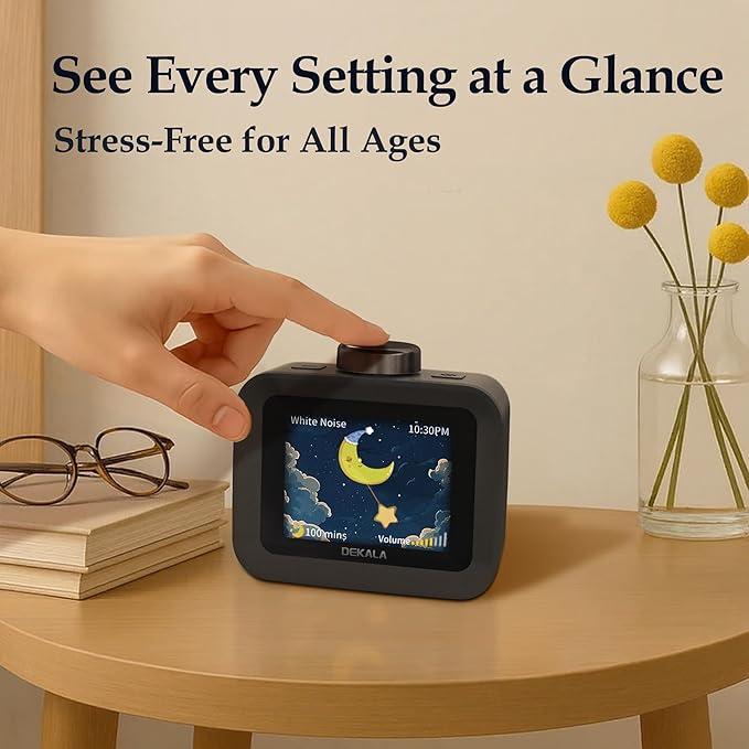 Dekala AuraDot White Noise Sound Machine for Sleep Temperature Humidity Monitor, 30 Non-Loop Soothing Sounds, Timer/Play All Night, Animationed Sleep Screen, 7-Day Programmable 4 Alarm Clock Black