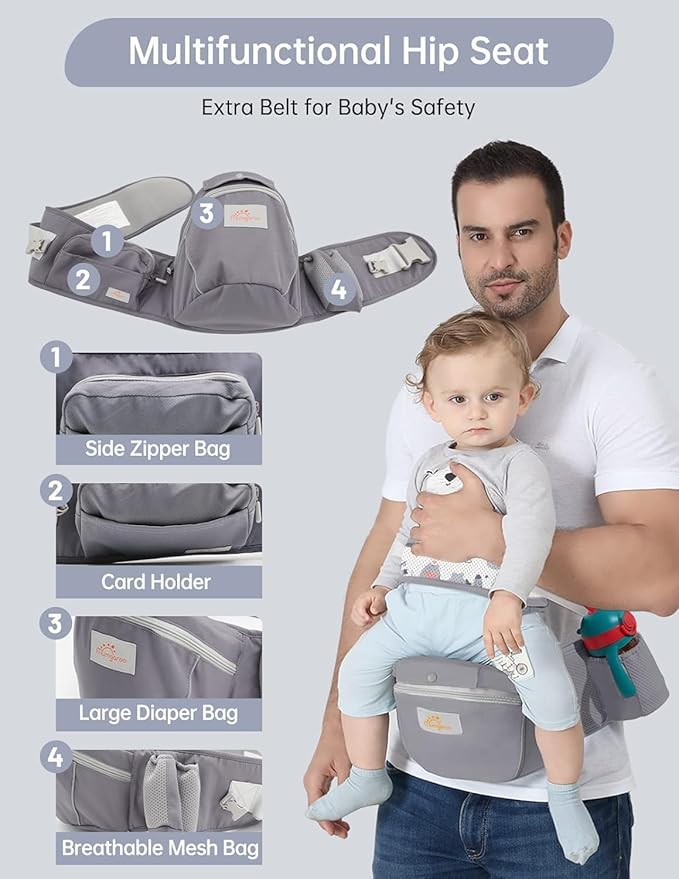 Baby Carrier with Hip Seat, 6 in 1 Baby Carrier Newborn to Toddler, Adjustable Infant Carrier with Hood, All Seasons & All Position Baby Holder Carrier for 0-36 Months