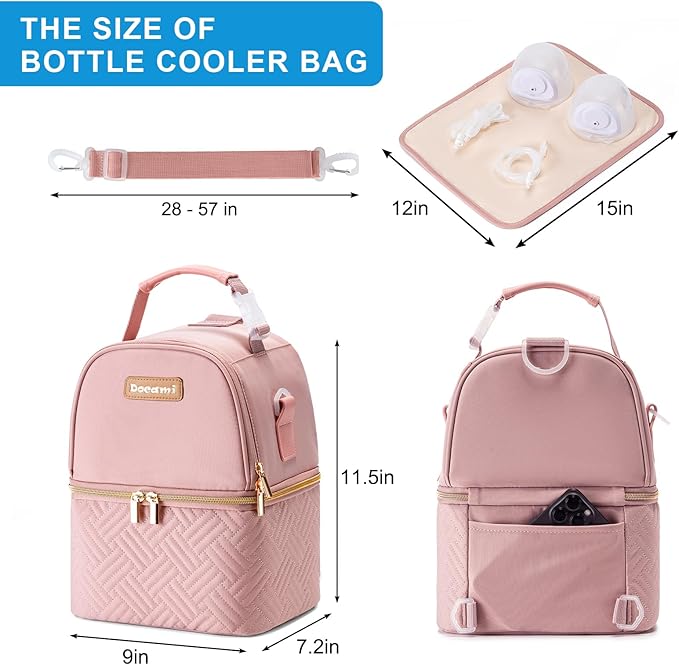 Breastmilk Cooler Bag with Ice Pack & Mat Fit 6 Bottles Up to 9 Ounce, Breast Milk Pump Cooler Bag for Moms Daycare,Work&Travel, Pink