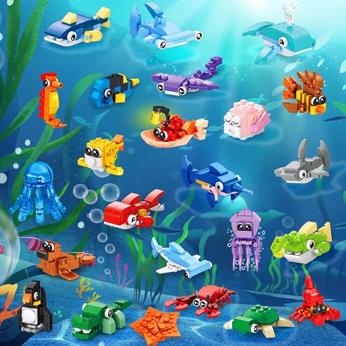 25 Packs Party Favors for Kids, Building Blocks Toys Sea Marine Animals Build Bricks for Classroom Prizes Goodie Bag Fillers Halloween Christmas Easter Birthday Gift Toy for Boys Girls Ages 6+