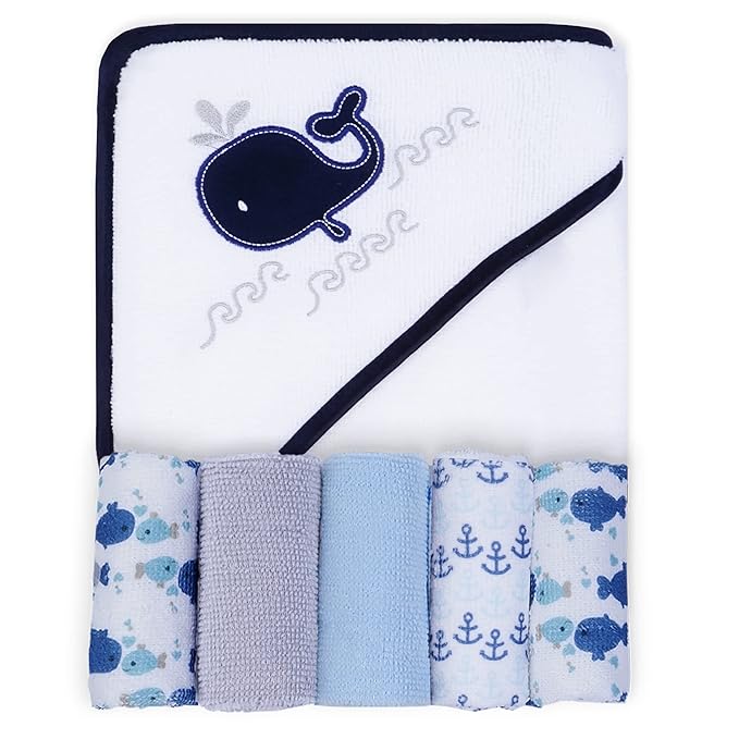 Viviland Baby Towels and Washcloths, Soft Absorbent Baby Boy Bath Towel Set, Whale Hooded Towels with 5 Infant Washcloths (6 Pieces)