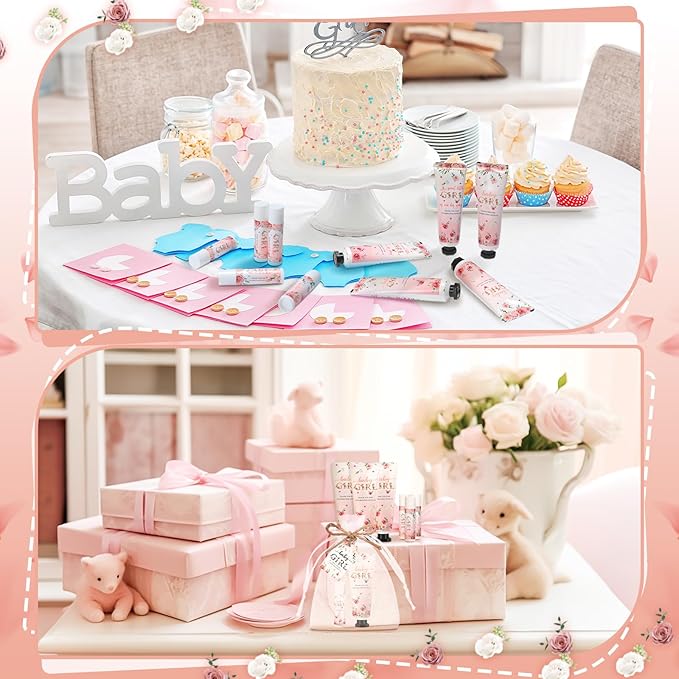 24sets/96pcs Baby Shower Gifts for Guests Hand Cream and Lip Balm Gifts Baby Shower Party Favors Travel Size Hand Lotion and Lip Balm Thank You Gift for Guests with Organza Bag and Tag Wedding Party