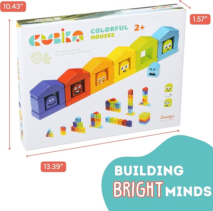 CUBIKA Wooden Construction Set Colorful Houses – 24-Piece Construction Play Set with Emotion Characters for Toddlers 2+– Montessori Toy for Creativity, Cognitive Development, and Emotion Recognition