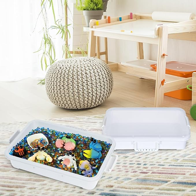 Plastic Activity Tray with lid for Slime, Beads, Sand and Sensory Toys – 15 Inches (White & Clear)