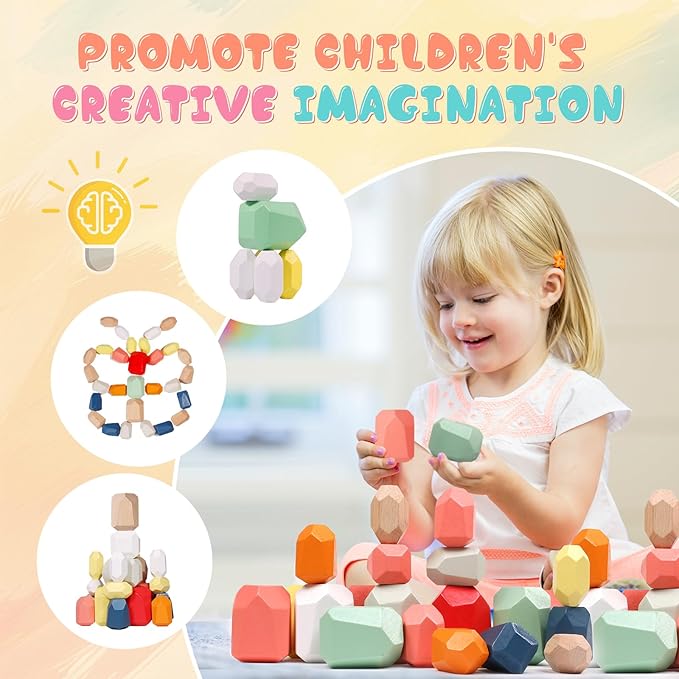 36PCS Wooden Stacking Rocks Building Blocks, Montessori Toys for 3 4 5 year old Stacking Game Sensory Preschool Learning Activities, Balancing Stones Birthday Gifts for Kids 3-5 Easter Basket Stuffers