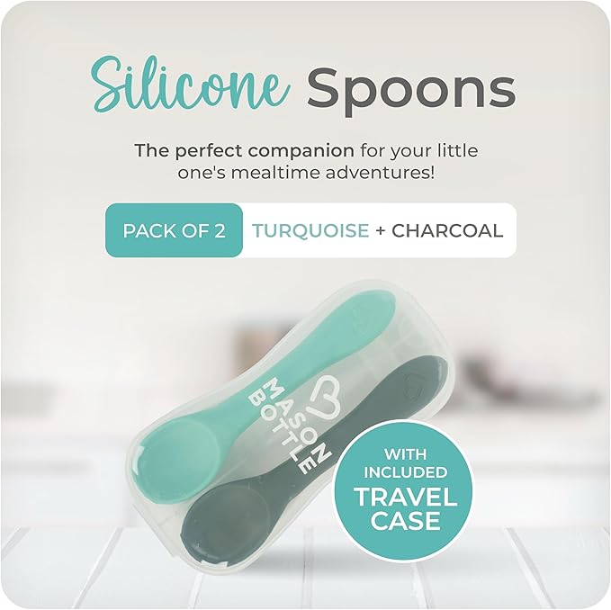 Mason Bottle Silicone Baby Spoons (2-Pack) – BPA-Free Feeding Utensils for Babies 6–12 Months – Puree Spoons with Case, Non-Toxic, Dishwasher Safe (Teal & Grey)