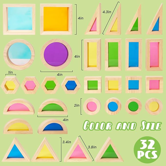 Wood Building Blocks Set for Kids, 32 Pcs Rainbow Stacker Stacking Game Construction Toys Set Preschool Colorful Learning Educational Toys, Geometry Wooden Blocks for Boys Girls