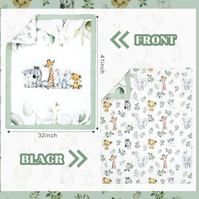 3 Pcs Baby Crib Bedding Set Safari Animals Dinosaurs Bear Woodland Animals Jungle Crib Set Includes Quilt, Fitted Sheet, Skirt for Baby Boy Girl(Light Blue,Safari)