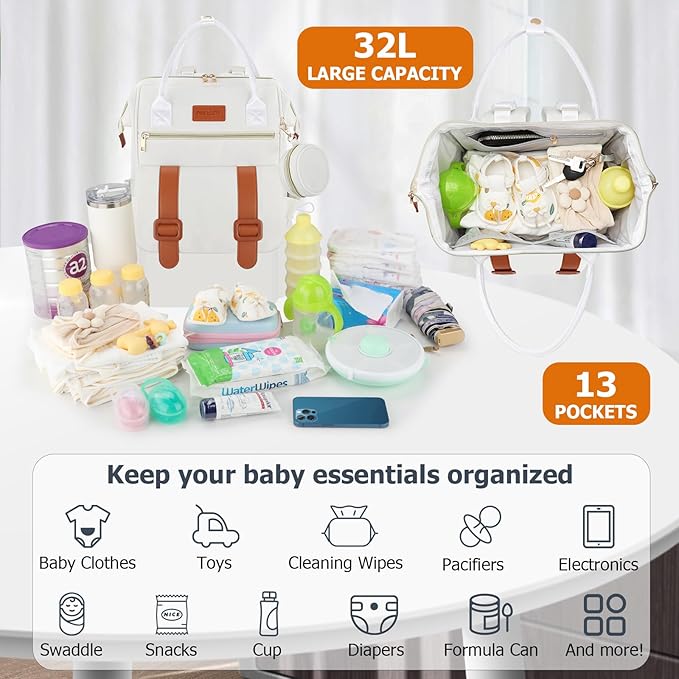 PIIOSER Diaper Bag Backpack with Ice Pack, Large Capacity & Waterproof Convertible Diaper Bag Tote for Moms Dads, Insulated Baby Tote Bag with Changing Pad, Stroller Straps & Pacifier Case, Cream