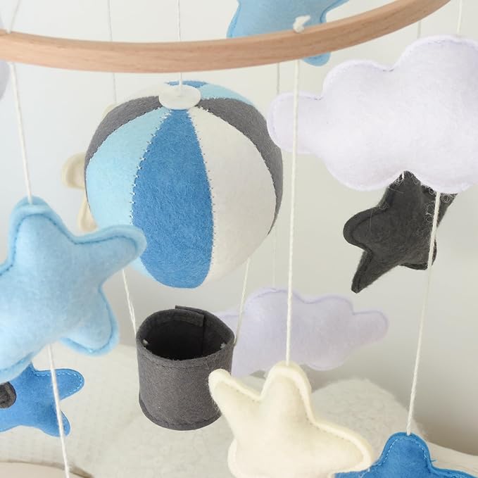 Sky Blue Hot Air Balloon Mobile for Crib Boho Baby Crib Mobile for Boys Girls Stars & Clouds Hot Air Balloon Baby Mobile for Crib