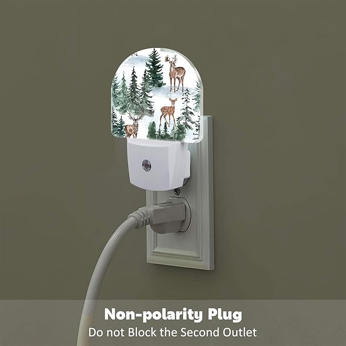 Winter Deer and Snowy Forest Night Light for Kids,Christmas Pine Trees Deer Night Light Plug in with Dusk to Dawn Sensor,0.5w Energy Saving Nightlight for Hallway Stairway Kitchen Bedroom