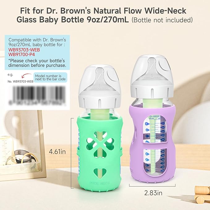 MORLIKE 4 Pack Silicone Sleeves Fit for 9 oz/270 mL Dr. Brown's Wide Neck Glass Baby Bottle, 100% Silicone Covers Protect Baby Glass Bottle, Easy to Grip Bottle Holders for ‎WB93703-WEB ‎WB91700-P4