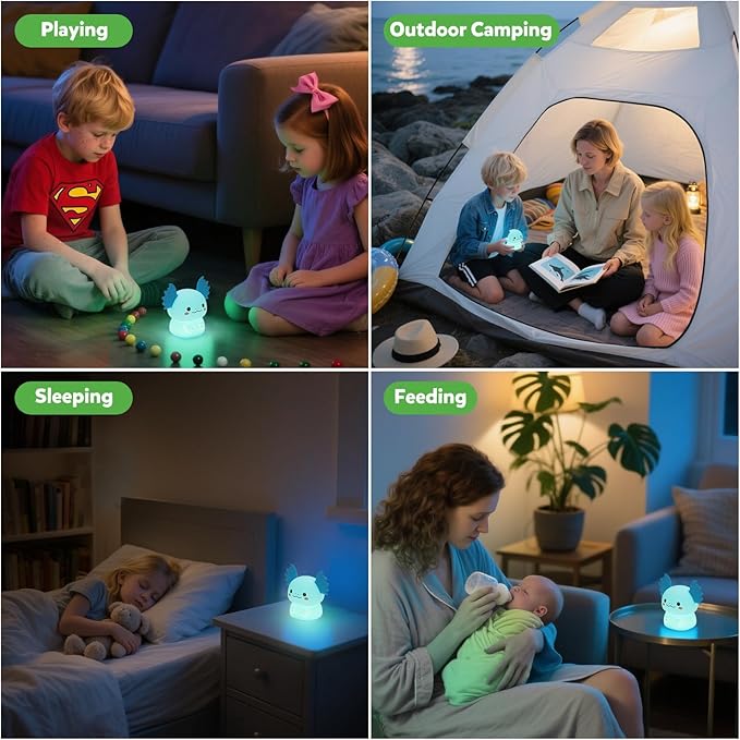 Axolotl Night Light for Kids, 7-Color Changing & 3 Adjustable Brightness Levels,Rechargeable Silicone Bedside Lamp, Animal Night Lamp for Kids Room,Gift for Boys & Girls,Axolotl Nightlight