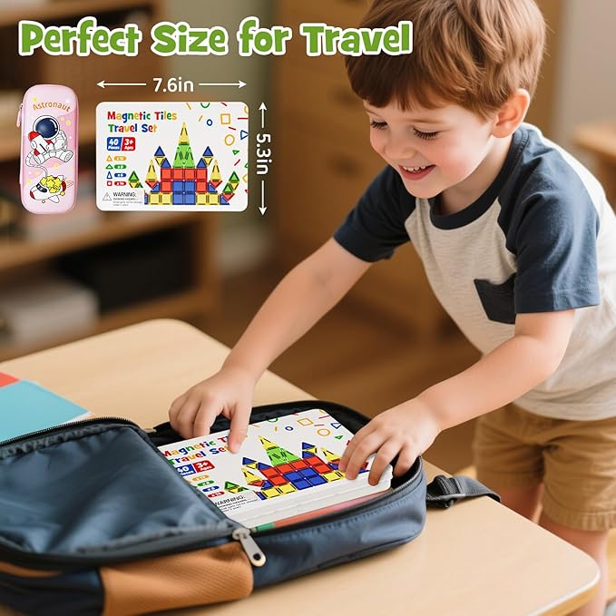 Mini Magnetic Tiles for Kids Travel - 40pcs STEM Building Blocks with Visual Storage Guide & Metal Box Play Base, Toddler Airplane Activities Toys for Ages 3-5,4-8, Compact Travel Toys