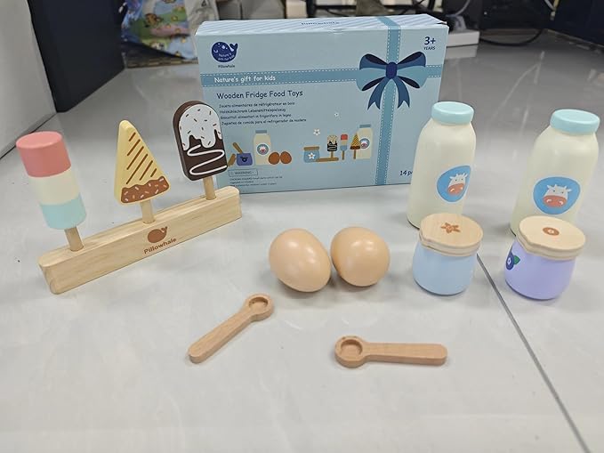12-Piece Wooden Dairy & Ice Cream Play Food Set – Pretend Fridge Food Accessories w/ Milk Bottles Yogurt Cups Eggs Pastel Popsicles & Holder – Montessori Kitchen Toy for Kids Ages 3+