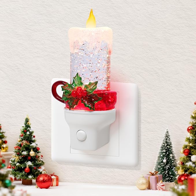 Christmas Candle Night Light Plug into Wall Swirling Glitter USB Portable Christmas Decorative Night Light Decoration for Kids Adults Bedroom Kitchen Living Room Holiday Decor (Candle)