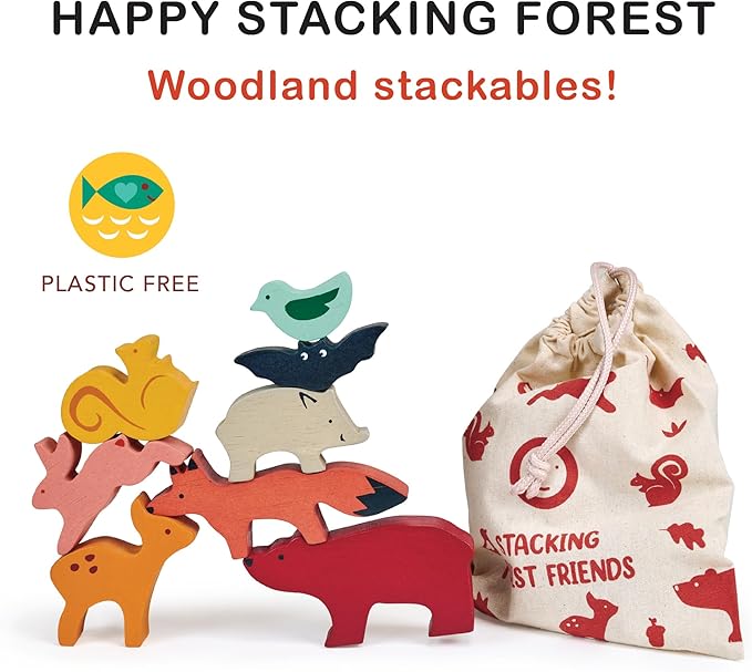 Mentari Toys - Happy Stacking Forest - 8pc Wooden Stacking Toy for Toddlers - Colorful Nature Theme Balancing Activity Toy with Bag - Boost Fine Motor Skills and Dexterity - Educational Toy - Age 18m+