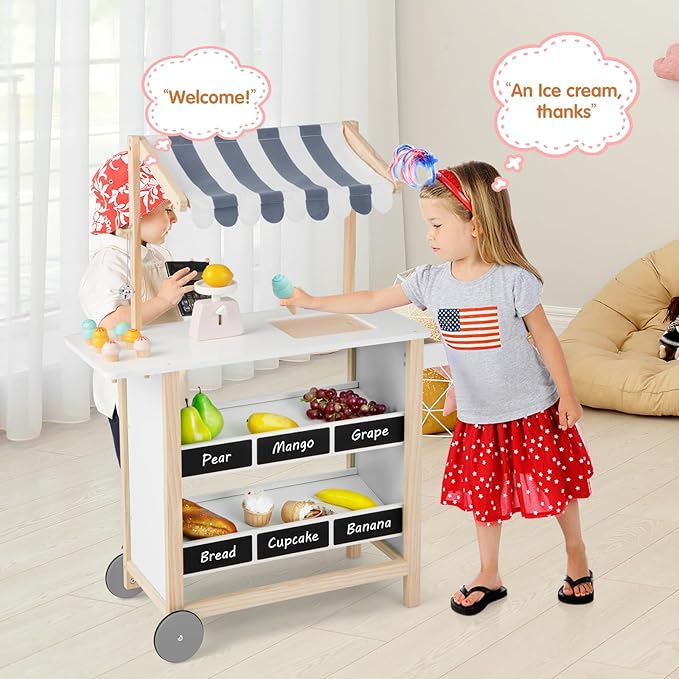HONEY JOY Kids Ice Cream Cart, Wooden Grocery Store Playset w/6 Pieces Play Food, Realistic Bell & Food Scale, Chalkboard, Pretend Play Dessert Shop Counter Stand Truck, Gift for Boys Girls