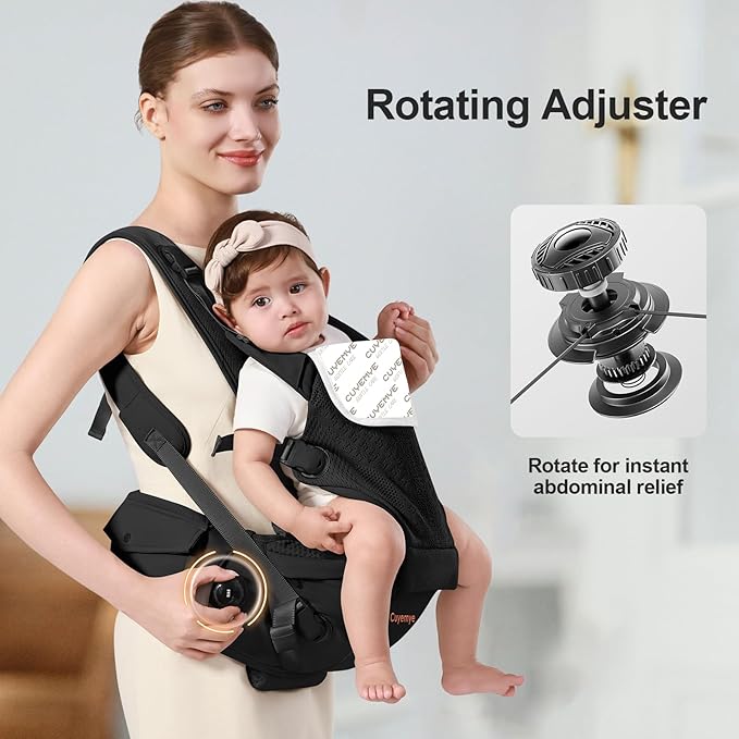 Baby Carrier with Hip Seat, 2-in-1 Forward-Facing Carry for Newborn to Toddler，Knob Design - Precision Adjustment，All Seasons Holder Infant Carriers Fits Waist Sizes up to 45 Inches (Black)