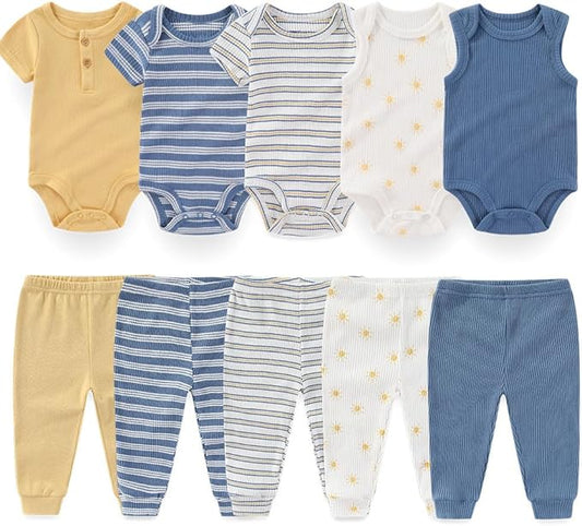 Kiddiezoom Newborn Baby Layette Set 10-Piece with Bodysuits and Pants Set for Unisex Baby Gift Sets