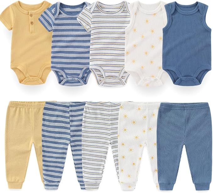 Kiddiezoom Newborn Baby Layette Set 10-Piece with Bodysuits and Pants Set for Unisex Baby Gift Sets