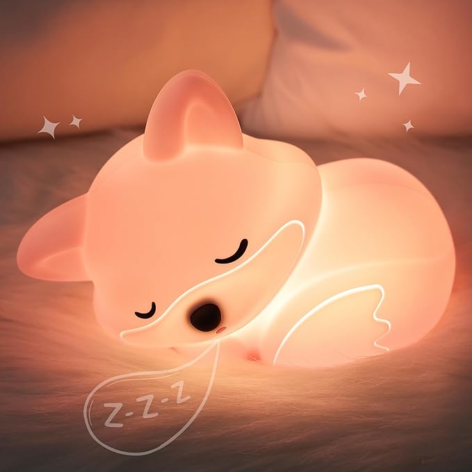 Fox Lamp for Girls, Pink Silicone Squishy Fox Shaped, 20 Mins Auto-Off Rechargeable Dimmable Night Light, Fox Gifts for Nursery Baby Girl Women, Christmas Idea
