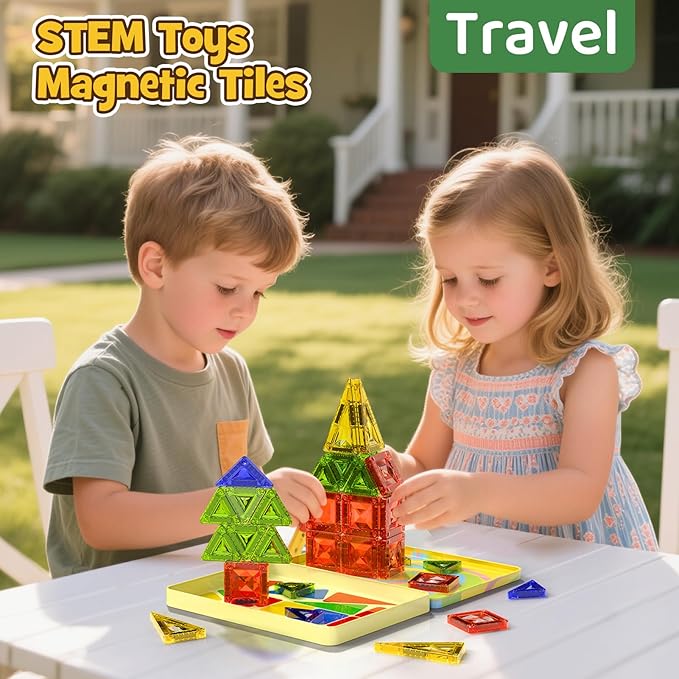 Mini Magnetic Tiles for Kids Ages 4-8, 40PCS Portable Travel Toys with Visual Storage Guide & Metal Storage Box, Compact Magnetic Building Blocks for Toddlers 3-5 Travel Activities